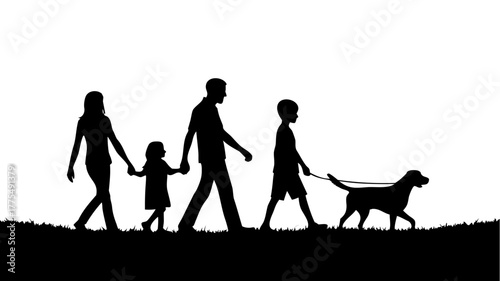 Heartwarming silhouette of a family walking their dog in a park, enjoying a peaceful afternoon, promoting family time and outdoor activities with pets