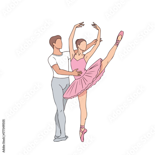 Graceful ballet couple dancing in a studio, a male instructor supporting his female partner performing an elegant pose in a pink tutu, showcasing artistic movement