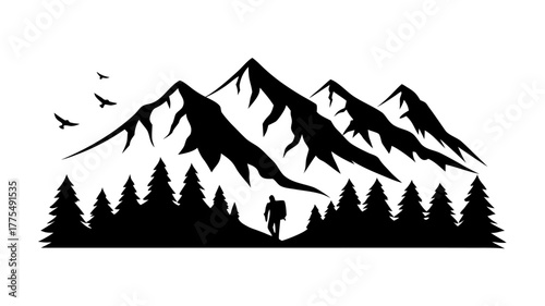 Inspirational mountain peak silhouette with hiker and pine trees, perfect for adventure travel blogs and outdoor recreation brands, originally from vector graphics