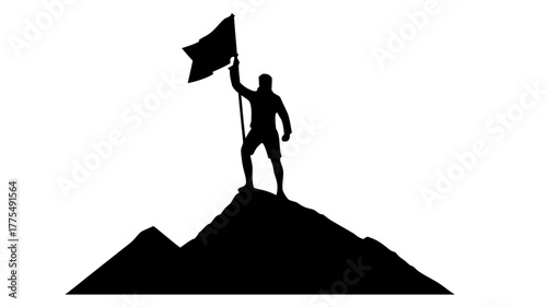 Triumph Silhouette Man Celebrating Achievement on Peak with Flag, Reaching Goals, Leadership Concept, Conquering Challenges, Success Symbol with Vector Origin