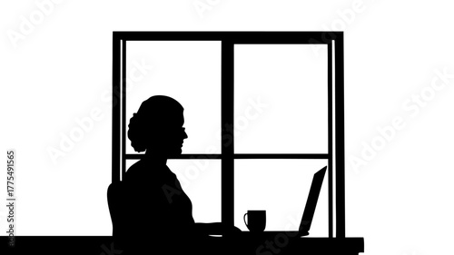 Silhouette of woman working on laptop by window, peaceful morning routine, business professional working from home, coffee break, modern office workspace