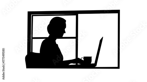 Stylish silhouette of a woman working from home by the window, enjoying a coffee while focused on her laptop, perfect for modern lifestyle visuals