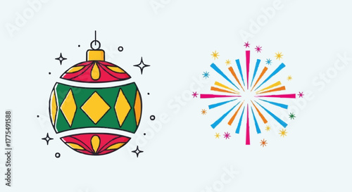 Festive celebration icons a sparkling Christmas ornament bauble and a vibrant fireworks burst. Perfect for holiday decorations, party invitations, and joyful event designs