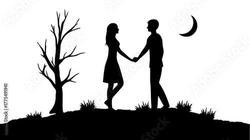 Romantic couple silhouette holding hands under moonlight near bare tree, a tender moment of love, perfect for Valentine's Day or heartfelt greeting cards