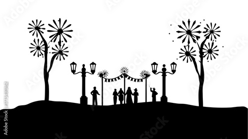 Enchanting silhouette of a festive gathering beneath twinkling lights, perfect for seasonal celebrations and community events, originally created as scalable vector art