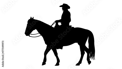 Classic cowboy silhouette riding a horse evokes the spirit of the Wild West and American heritage, ideal for branding and design projects