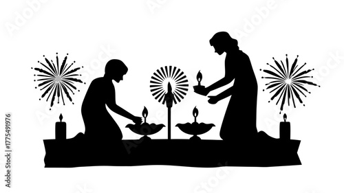 People celebrating Diwali with candles in silhouette, festive and spiritual, a symbol of hope and light, perfect for holiday greetings and cultural events