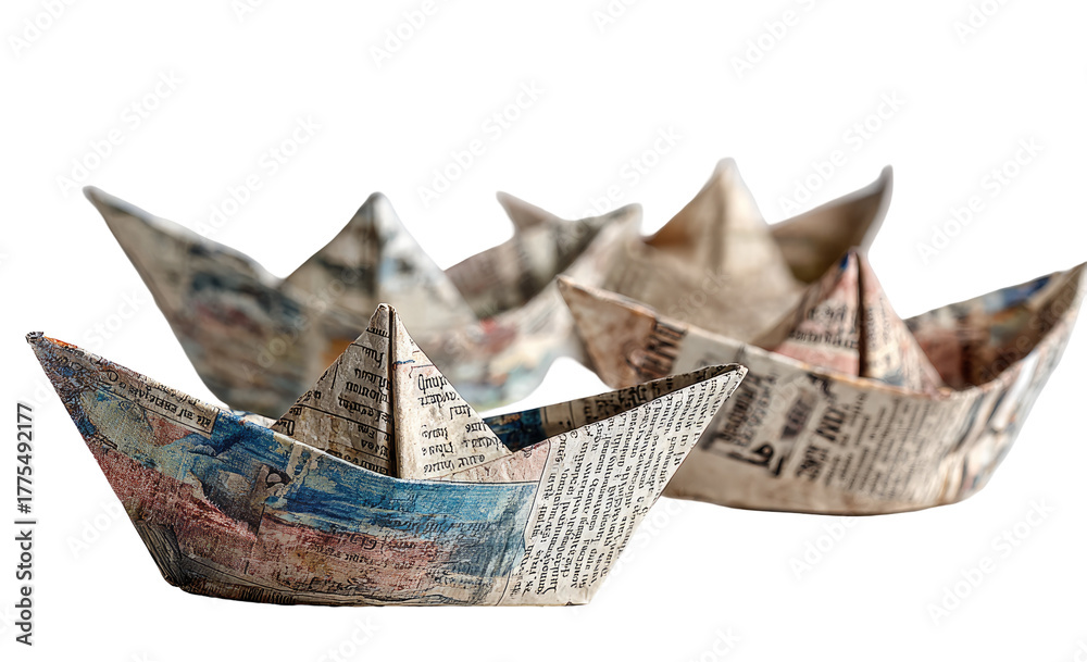 Obraz premium Three paper boats, crafted from old newspapers, sit in a group. The boats are slightly varied in shape and the aged paper displays images and text