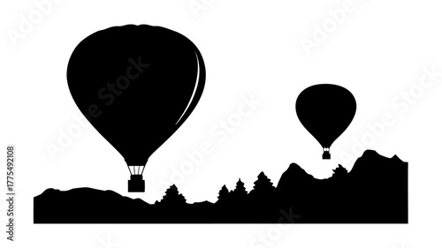 Dreamy hot air balloon flight over mountain landscape, adventure awaits, soaring high above trees, minimalist design for travel posters and scenic backgrounds