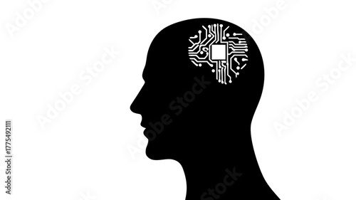 Artificial intelligence concept: Modern head silhouette with futuristic brain circuitry representing AI, machine learning and cognitive technology advancement