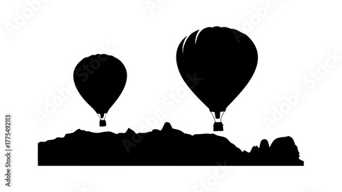 Dramatic hot air balloons silhouette gliding over mountain range, perfect for travel adventure blogs and destination marketing, scalable vector graphic origin