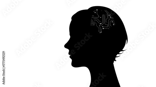 Futuristic mind concept featuring a woman's silhouette with integrated circuit design, perfect for technology, AI, or innovation themes and cutting-edge concepts
