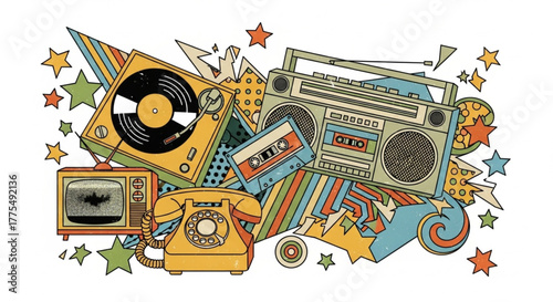 Retro pop art illustration of vintage music and technology objects with cassette, vinyl, boombox, and old television