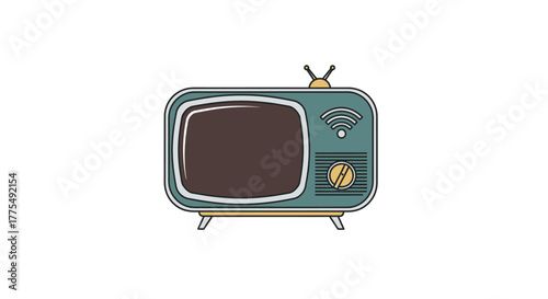 A vintage-style illustration of a teal-colored retro television set with antennae on a white background.