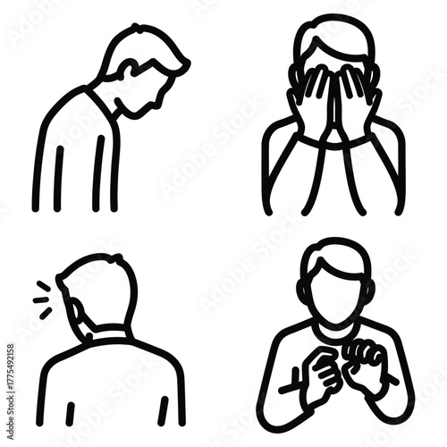 Four Line Art Icons Representing Sadness, Shame, and Frustration in Human Figures Keywords: sadness, shame