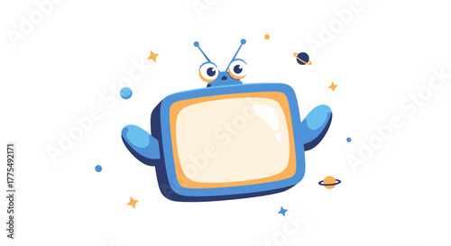 A blue cartoon television with antennae and big eyes floats amidst colorful stars and planets on a white background.