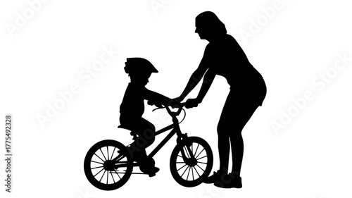 Child learns to ride bike with mom's help, a silhouette of family love and outdoor fun, perfect for promoting childhood development and family values
