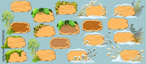 Cartoon game panels with swamp moss, forest lichen, liana branches, jungle leaves, ivy. Broken weed and snowdrifts. Marsh reed under snow. Swamp cattails, fern winter.  Vector signboards, frames.
