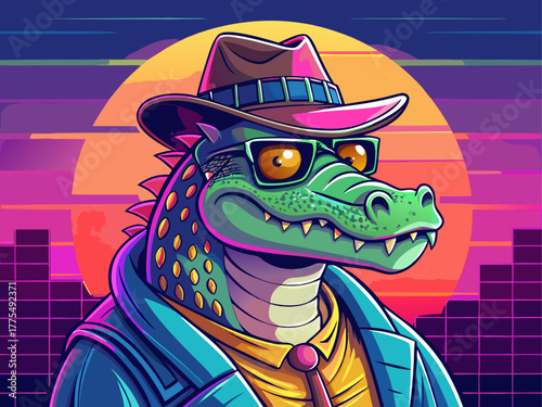A charming crocodile wearing a fedora hat and sunglasses, under neon lights, charm and vintage style, a detailed vector artwork