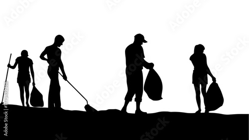 Dedicated volunteers cleaning environment, community service project shows unity, environmental awareness, and creating a cleaner world, vector origin