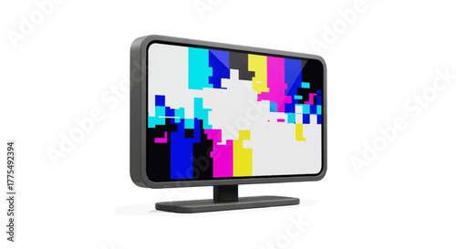 A computer monitor displays a white screen with multicolored pixelated blocks on a plain white background.