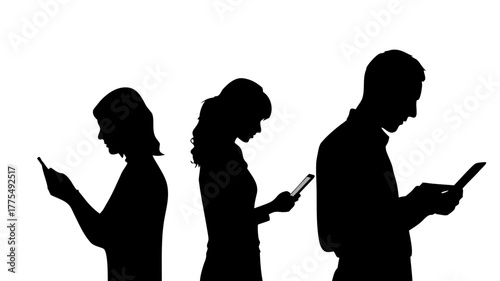 Modern communication era showing people absorbed in devices, black silhouette concept for social media, connectivity, and digital lifestyle in a vector design