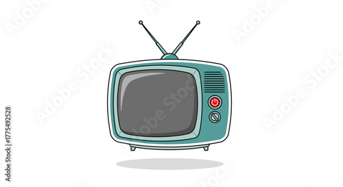 Teal vintage television with antennae and red button on a white background with a subtle shadow underneath.