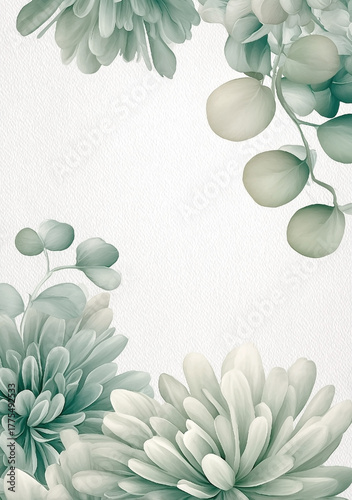 White background with green flowers and leaves. The flowers are in the center and the leaves are on the right