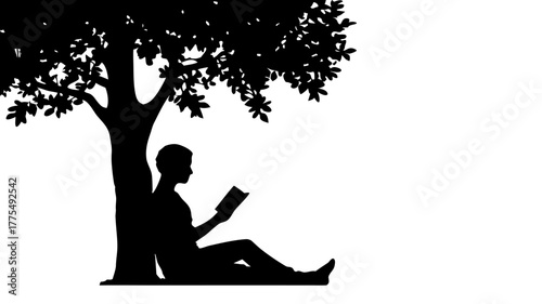 Silhouette of a person reading a book under a tree, enjoying nature and peaceful time, perfect for illustrating relaxation and personal growth, originally vector