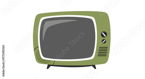 A vintage green television set with a gray screen and white border on a plain white background.