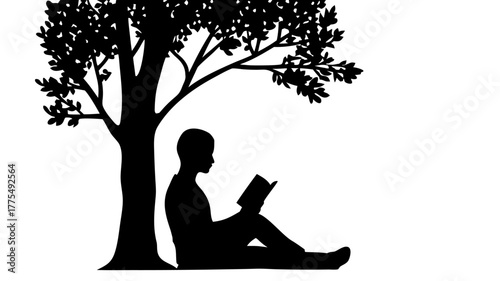 Silhouette of a person reading under a tree, enjoying peaceful solitude and connection with nature, a timeless scene inspiring relaxation and mindfulness