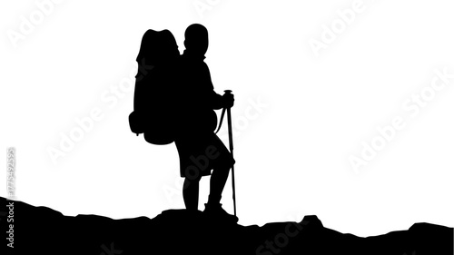 Silhouette of adventurous hiker trekking through mountains, reaching new heights and exploring nature, a journey of strength and resilience, vector origin