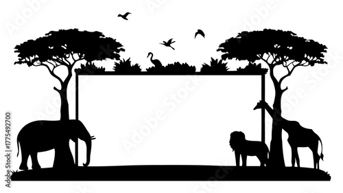 Enchanting African wildlife silhouette scene with giraffe, lion, elephant, and birds in the savannah, perfect for safari adventure and nature lovers