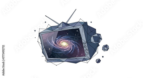 Illustration of a vintage television with a galaxy on the screen, surrounded by geometric shapes and lines on a white background with a futuristic feel.