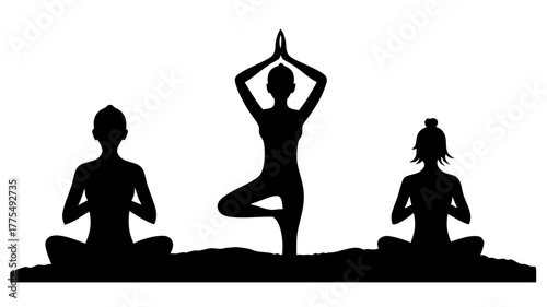 Mindful yoga group silhouette for wellness and balance, achieving inner peace and flexibility through calming meditation and mindful movement, health and wellness