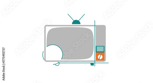 Illustration of a vintage television with antennae on a white background in a simple line art style with grey and teal colors.