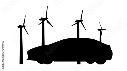 Sustainable future vision showing an electric car next to wind turbines, promoting green energy and eco-friendly transportation solutions