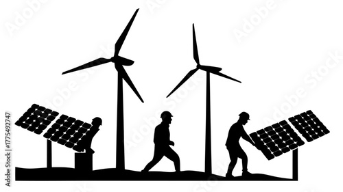 Sustainable energy solutions under construction with skilled workers installing solar panels and wind turbines symbolizing a greener future for generations