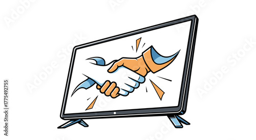 Illustration of a handshake on a television screen with a white background and orange accents.
