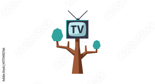 A simple illustration of a tree with a television set for a trunk and leaves on a white background with a playful and whimsical mood.