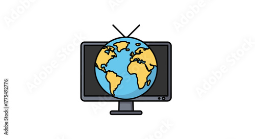 A simple illustration of a television displaying a blue and yellow globe on a white background.