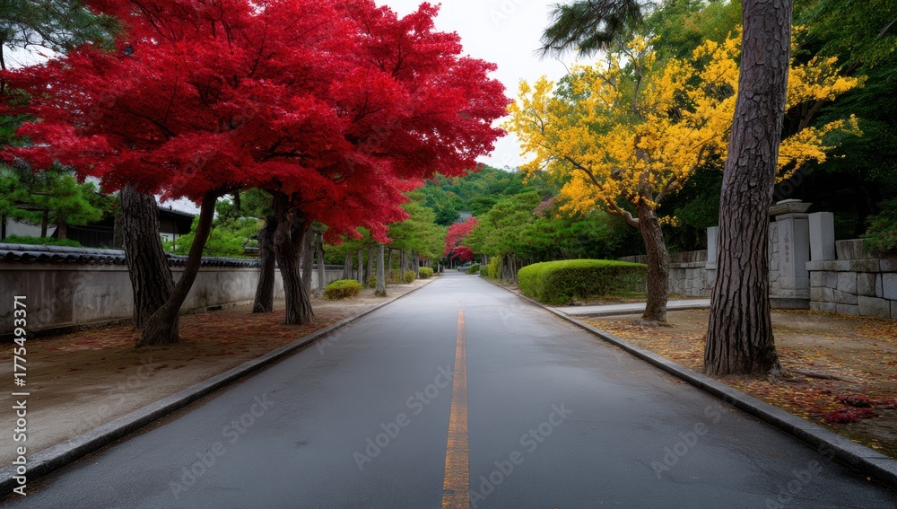 Naklejka premium Scenic road with vibrant autumn foliage in Kyoto Japan featuring colorful trees lining the path during fall season
