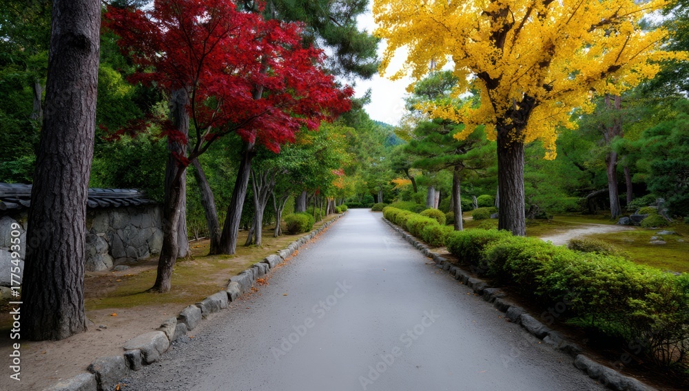 Naklejka premium Picturesque path through Japanese garden with vibrant maple trees in autumn offering serenity and scenic beauty