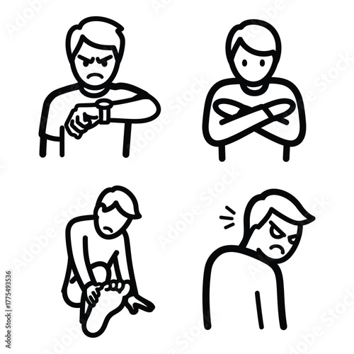 Four Simple Line Art Icons Showing Negative Emotions and Physical Discomfort angry frown