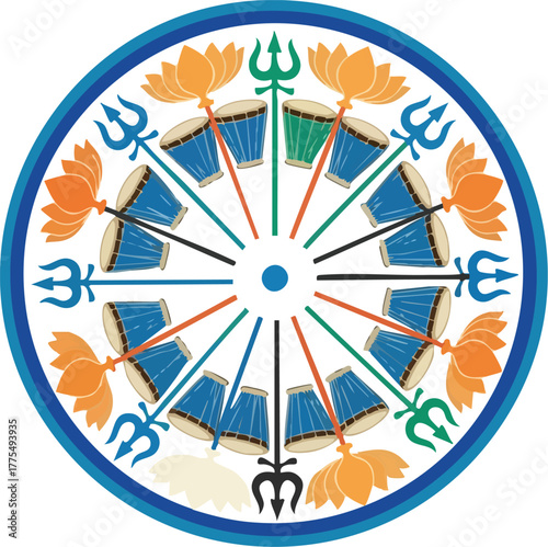 Hindu Dharma Chakra with Trishul and Lotus Flower.