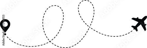 Airplane icon, flight path, travel concept, navigation route, aviation journey, location pin, air transport, vector illustration, global trip, map design