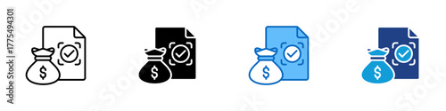 Financial Target Multiple Style Icon Design Vector - Money bag beside a document with check mark representing financial goal achievement or budget target