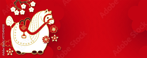 Happy 2026 Chinese New Year, Year of the Horse! Lunar calendar holiday paper cut design with cute horse, flowers and clouds. Chinese text means "Horse"