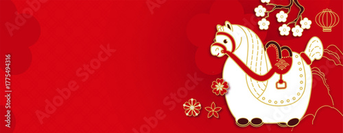 Happy 2026 Chinese New Year, Year of the Horse! Lunar calendar holiday paper cut design with cute horse, flowers and clouds. Chinese text means "Horse"