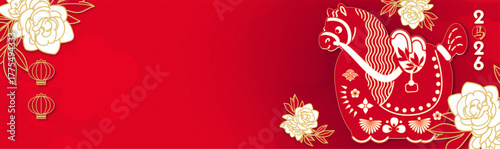 Happy 2026 Chinese New Year, Year of the Horse! Lunar calendar holiday paper cut design with cute horse, flowers and clouds. Chinese text means "Horse"